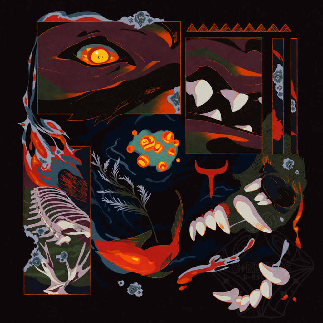 evidence of life, 2023; depicting salmon eggs floating amidst a cycle of death, violence, and decay - which themselves are essential to the circle of life.