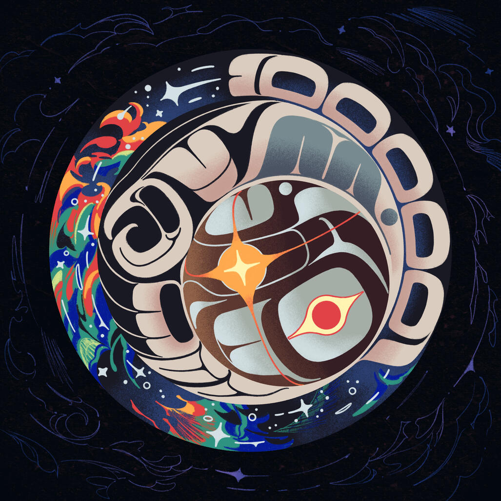 wagaytdoot Txaamsm da wil ha'lidzog̱m, 2025; a design of Raven wearing a spacesuit with a helmet, spinning in space.