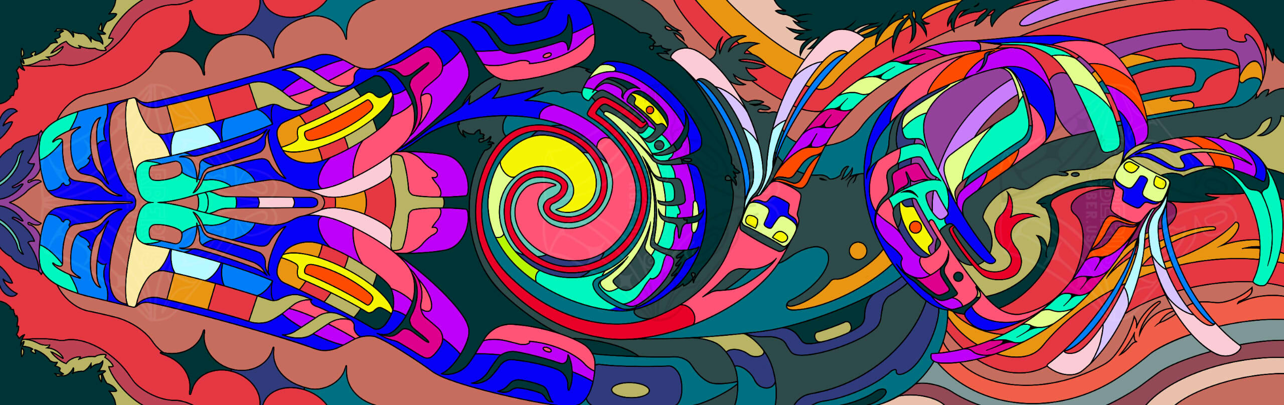 shy paraders come out at night, 2024; a fluorescent mural design made in collaboration with Paintillio.