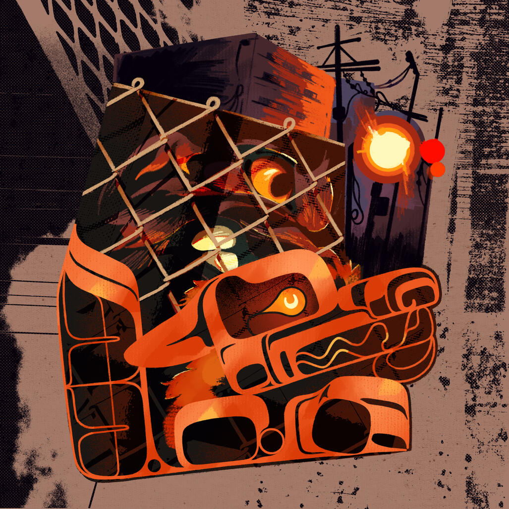 no trespassing, 2025; a wolf, fenced off from a place where they're not allowed to be - but they remember.