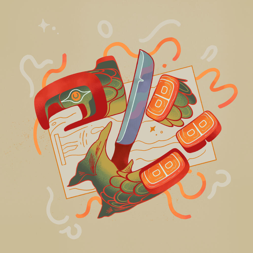 salmon slices, 2024; a design showing a sockeye salmon as it's chopped into slices on a cutting board.