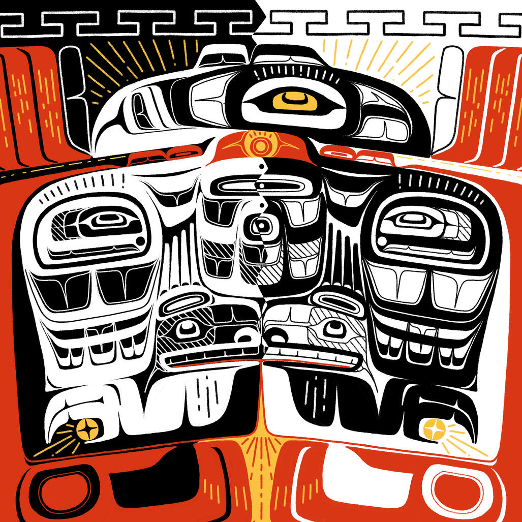 raven's lesson, 2021; a design about being two-spirit & transgender, using the story of how Raven used to be white long ago.