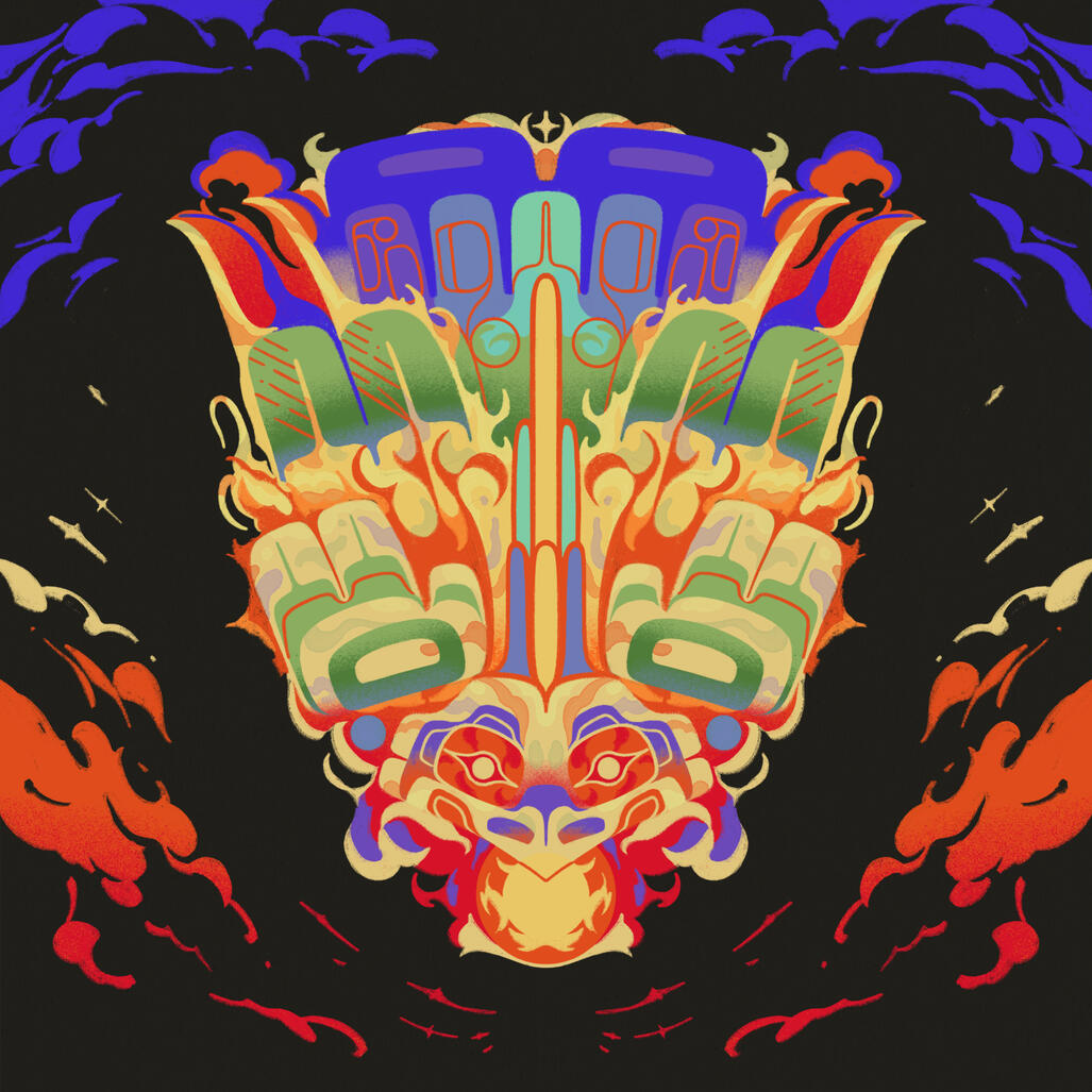 lusila̱ks, 2025; "light a fire inside", another pride month piece depicting Raven transformed into a phoenix by the sun's ultraviolet light.